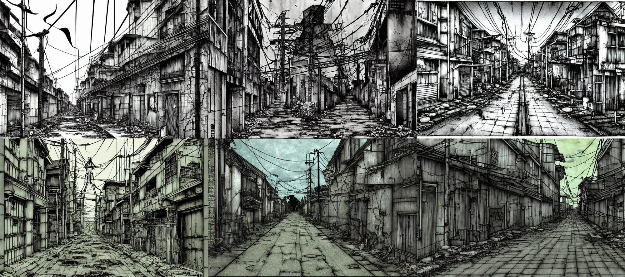 Prompt: dilapidated street, power lines, in the style of serial experiments lain, haibane renmei, niea 7, texhnolyze, despera, highly detailed. by yoshitoshi abe
