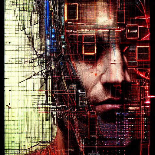 Prompt: hyperrealistic portrait of a cyberpunk man, by Guy Denning, Johannes Itten, Russ Mills, surreal cyberspace, hacking effects, detailed lines, network, cybernetics, digital glasses, long hair, cables, computation, technological, color blocking!, closeup, circuitry, digital, cyberpunk style, oil on canvas, insane detail, front view, symmetrical, object centered, octane, concept art, abstract!!, artistic, 8k, cinematic, trending on artstation