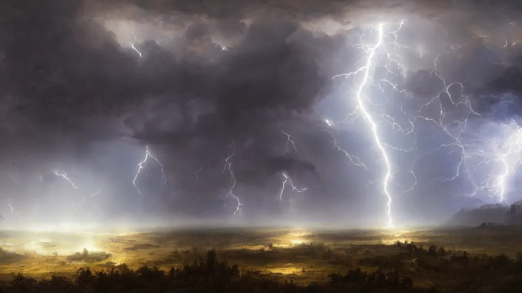 Prompt: battle for earth, lightning, storms, volumetric lightning by eugene von guerard, ivan shishkin, dramatic lighting, concept art, trending on artstation, 8 k