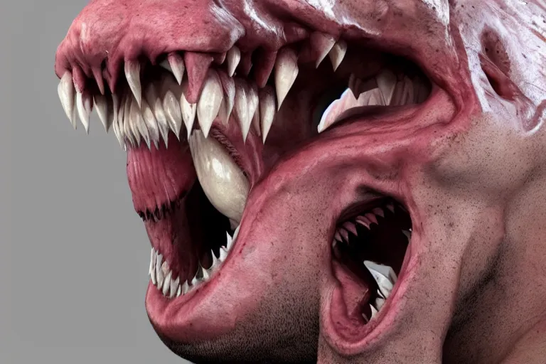 Image similar to A human with shark head made of muscles and flesh, very angry, teeth, ambient light, terror, glows, realistic, photo-realism, hyper realism, picture, detailed, 3D render, scary, distant shot, in the distance,