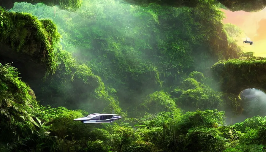 Image similar to a scifi flying car floating in a prehistoric jungle cave, lush flora, waterfall, sunset, hazy, volumetric lighting, rtx on, photorealistic render, great composition, very detailed