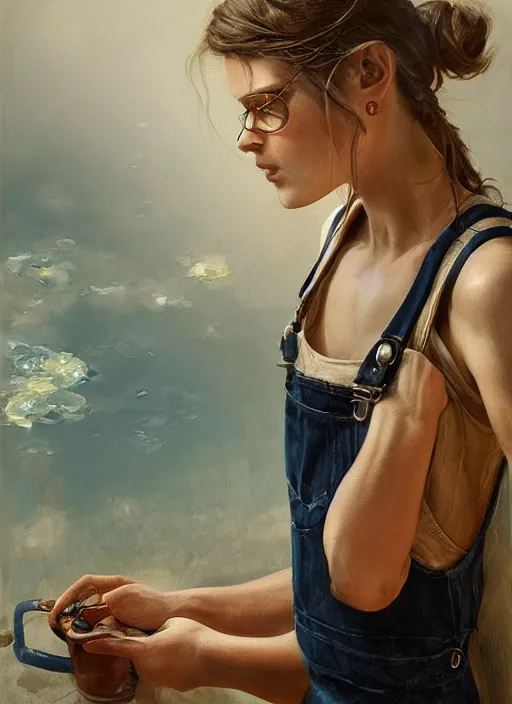 Image similar to digital _ painting _ of _ girl in tank top and overalls _ by _ filipe _ pagliuso _ and _ justin _ gerard _ symmetric _ fantasy _ highly _ detailed _ realistic _ intricate _ port