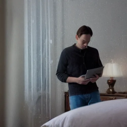 Prompt: tobey maguire texting on his phone inside of his bedroom during a rainy night, cinematic lighting, photorealistic, highly detailed,