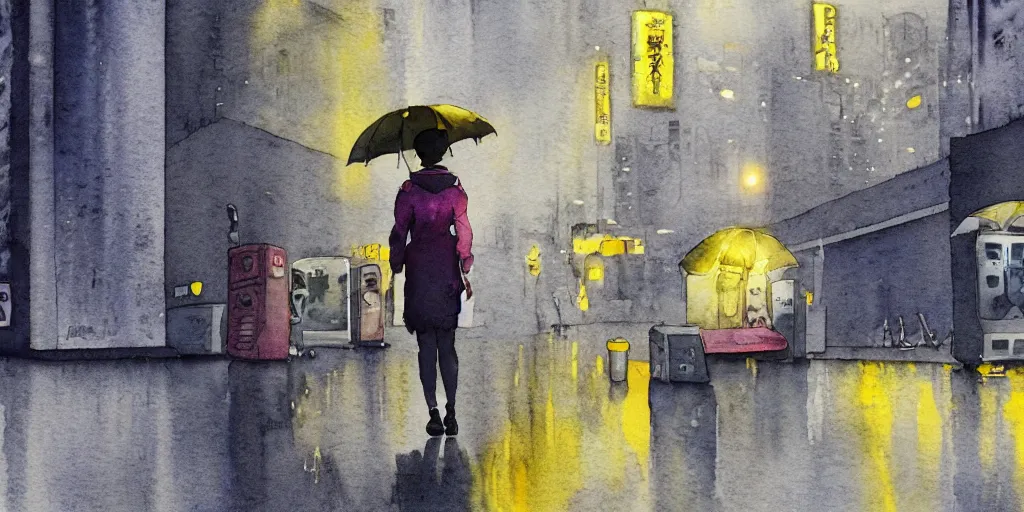 Image similar to ultrawide, simple watercolor of a dusty deserted city, a girl with a parka and a yellow umbrella, broken vending machines, in the style of Ghost in the Shell