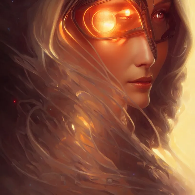 Image similar to futuristic woman portrait, sci-fi, amber eyes, face, long hair, fantasy, intricate, elegant, highly detailed, digital painting, artstation, concept art, smooth, sharp focus, illustration, art by artgerm and greg rutkowski and alphonse mucha