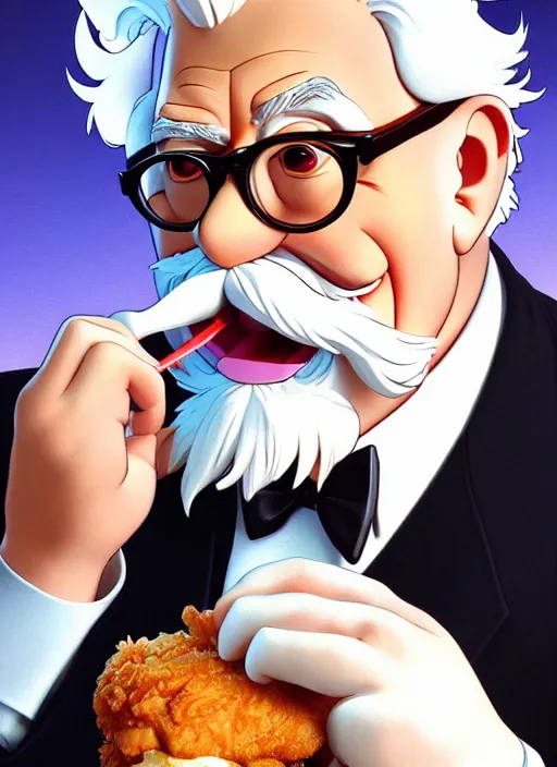 Image similar to cute colonel sanders eating fried chicken, natural lighting, path traced, highly detailed, high quality, digital painting, by don bluth and ross tran and studio ghibli and alphonse mucha, artgerm