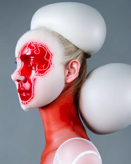 Prompt: symmetrical portrait of a woman wearing a red embroidered translucent silicone mask and white frizzy hair buns, wearing a silicone white bodysuit, cream white background, soft diffused light, biotechnology, futuristic aesthetic, translucent, ethereal, intricate details, highly detailed, masterpiece,