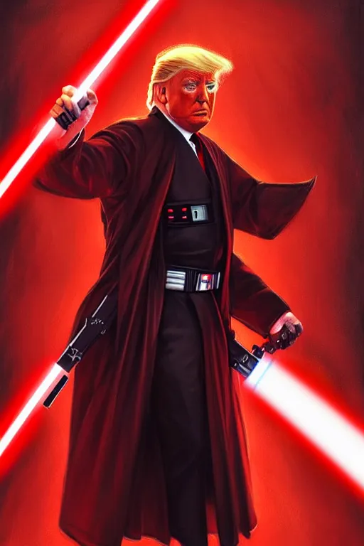 Image similar to Donald Trump as a Sith from Star Wars, red light saber, realistic portrait, symmetrical, highly detailed, digital painting, artstation, concept art, smooth, sharp focus, cinematic lighting, art by artgerm and greg rutkowski and alphonse mucha