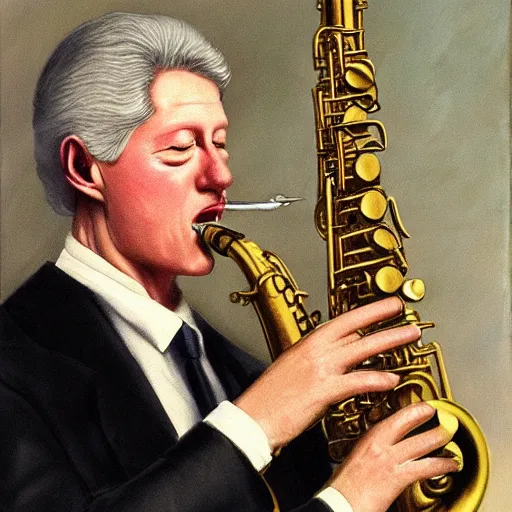 Image similar to Bill Clinton plays his saxophone while Washington D.C. burns, highly detailed, oil on canvas, 1883