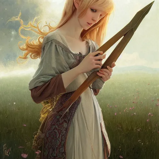 Image similar to elf fairy blond with a beautiful face, holding a lute, wearing a cardigan, highly detailed, intricate, digital painting, artstation, sharp focus, illustration, art by jakub rozalski, greg rutkowski, artgerm, tan zi and ayanamikodon and alphonse mucha and wlop