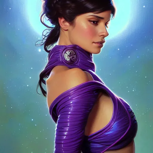 Image similar to Portrait of very very very very very very beautiful Latina woman, spacesuit, purple eyes, intricate, elegant, highly detailed, digital painting, artstation, concept art, smooth, sharp focus, illustration, art by artgerm and greg rutkowski and alphonse mucha