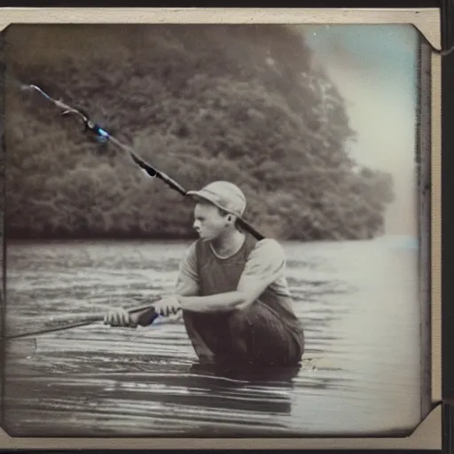 Image similar to a very beautiful old polaroid picture of a young men fishing, award winning photography