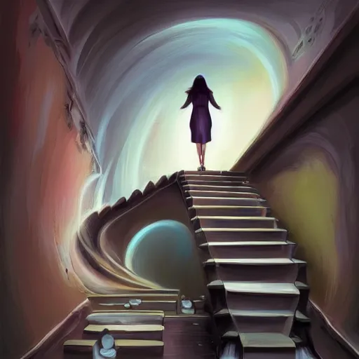 Image similar to a painting of a woman walking down a staircase, a surrealist painting by cyril rolando, cgsociety, psychedelic art, lovecraftian, surrealist, 3 d