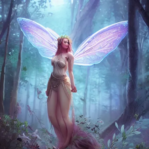 Image similar to a divine fairy druid forest goddess ascending into a new universe, in the style of wlop and vanessa lemen and charlie bowater, illustration, epic, fantasy, hyper detailed, unreal engine, ray tracing