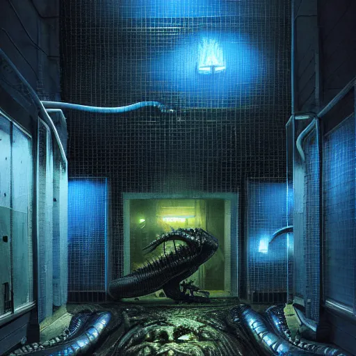 Prompt: menacing aggressive fast engineered black slimy creature made out of needles, inside a gas station, aggressive harsh bright fluorescent industrial blue lighting, extremely detailed digital matte painting buy Greg Rutkowski and H.R. Giger