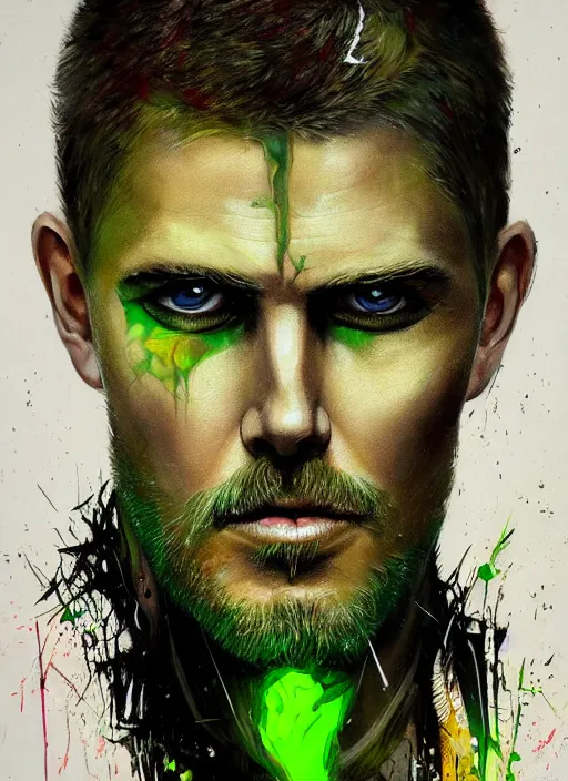 Image similar to a Demon Slayer portrait of Stephen Amell, tall, pale-skinned, slender with lime green eyes and long eyelashes by Stanley Artgerm, Tom Bagshaw, Arthur Adams, Carne Griffiths, trending on Deviant Art, street art, face enhance, chillwave, maximalist, full of color, glittering