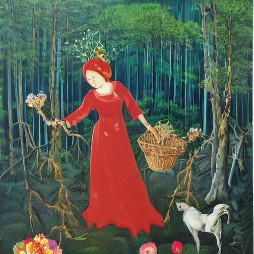 Image similar to In the painting Vasilisa can be seen standing in the forest, surrounded by animals. She is holding a basket of flowers in one hand and a spindle in the other. Her face is turned towards the viewer, with a gentle expression. In the background, the forest is depicted as a dark and mysterious place. by Go Nagai, by Michael Cheval realist, imposing