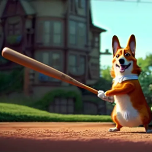 Prompt: weta disney pixar movie still photo of funny corgi with baseball bat : : dog by pixar : : giant sign that says bonk : : by weta, greg rutkowski, wlop, ilya kuvshinov, rossdraws, artgerm, octane render, iridescent, bright morning, anime, liosh, mucha : :