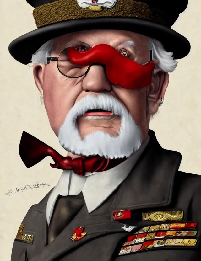 Image similar to a portrait of colonel sanders wearing a military uniform and an eyepatch, by moebius and tyler edlin and hr giger, trending on artstation, digital art, 4 k resolution, detailed, high quality, sharp focus, hq artwork, coherent, insane detail, concept art