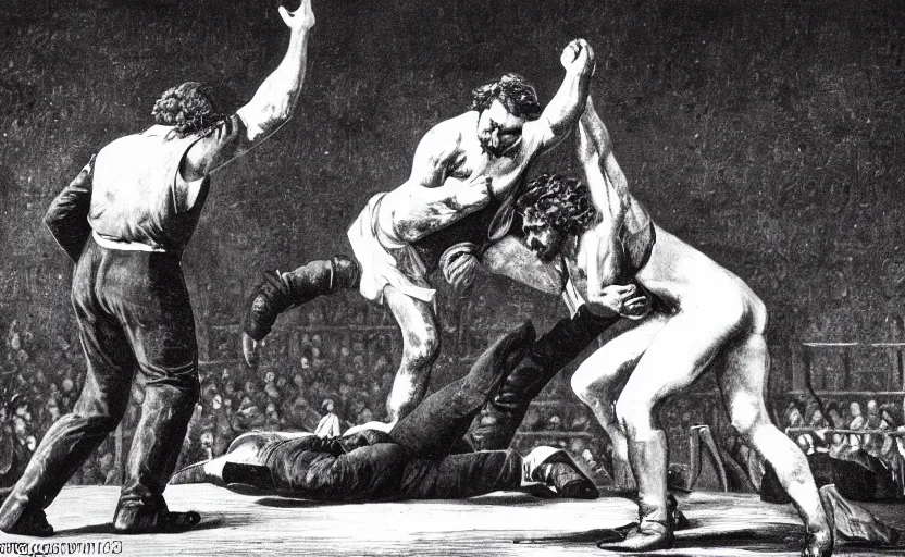 Prompt: the photo of Karl Marx as a wrestler suplexing Friedrich Nietsche, 2014 WWE championship match, sports photo, highly detailed, Canon EOS 5D Mark 2, ƒ/5.6, focal length: 160.0 mm, Exposure time: 1/160, ISO: 1600