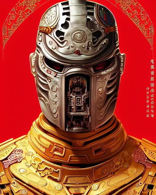 Image similar to portrait of a chinese masculine male cyberpunk machine, machine face, upper half portrait, decorated with chinese opera motifs, muscular, asian, fine china, wuxia, traditional chinese art intricate intense elegant 京 剧 highly detailed digital painting artstation concept art smooth sharp focus illustration, art by artgerm and greg rutkowski alphonse mucha 8 k