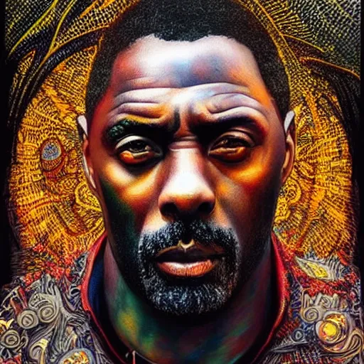 Image similar to portrait of idris elba, hyper detailed masterpiece, neon floral pattern, jean giraud, digital art painting, darkwave goth aesthetic, psychedelic, artgerm, donato giancola and tom bagshaw