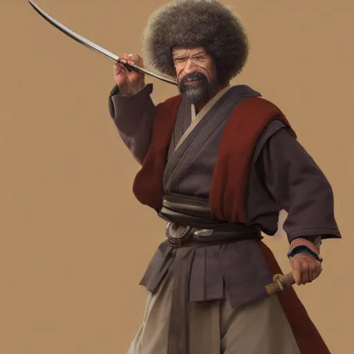 Image similar to an ultra detailed matte painting of bob ross smoking a pipe and dressed as a wandering ronin samurai, edo japan, concept art by jeong seon and greg rutkowski, octane render, 8 k, detailed face