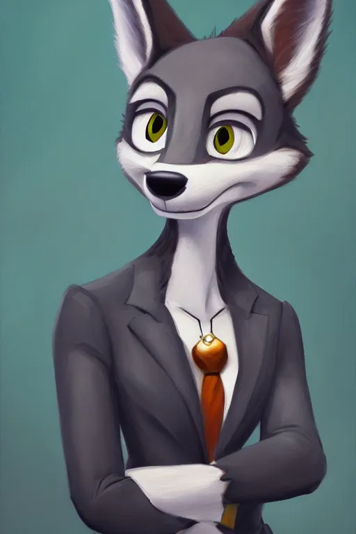 Image similar to oil painting of anthromorphic female wolf, in style of zootopia, female fursona, furry, furaffinity, 4 k, deviantart, furry art, fursona art, wearing black business suit, business suit, wolf fursona, female, very expressive detailed feminine face,