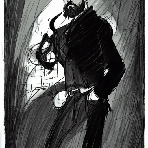 Image similar to very attractive man with beard, strong masculine features, slim, short hair, 35 years old, one android eye, sophisticated clothing with some steampunk elements, gesture dynamic, command presence, royalty, weathered face, smooth, sharp focus, organic, appealing, book cover, deep shadows, by Dave McKean sketch lineart for character design