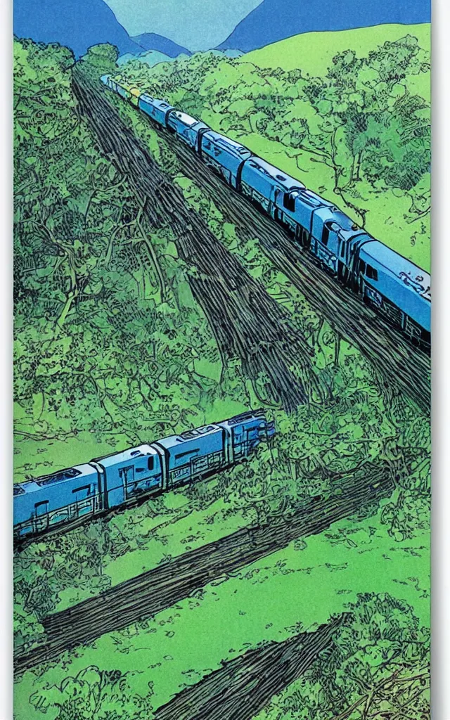 Prompt: blue and green train in the country, vintage poster, moebius style,