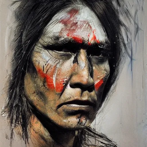 Image similar to A Native American warrior, war paint, realistic, sharp focus, 8k high definition, insanely detailed, intricate, elegant, art by Guy Denning