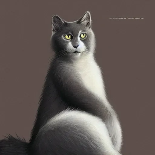 Prompt: a big dark grey cat with white belly, white paws and white face markings with long fur and fluffy tail sitting, intricate, elegant, highly detailed, digital painting, artstation, concept art, matte, sharp focus, illustration, art by Artgerm and Greg Rutkowski and Alphonse Mucha