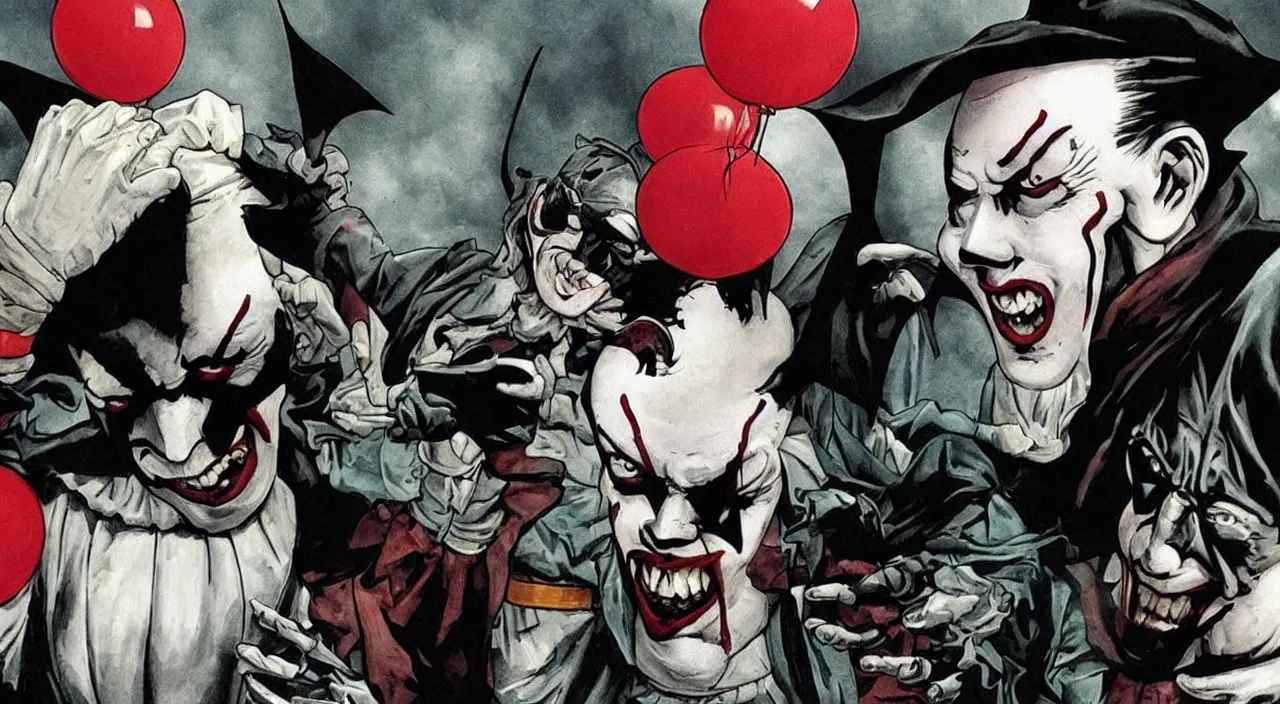 Image similar to pennywise giving batman a high five