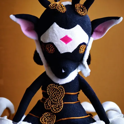 Prompt: cute fumo plush of a goat girl with horns, anime girl, tribal outfit with intricate celtic knot patterns, gothic maiden shaman, pagan goddess, glowing, bokeh, artstation, gamecube