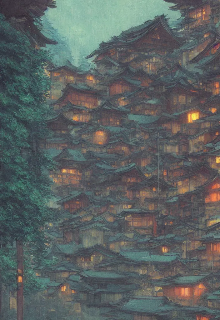 Image similar to a japanese city in the mountain, ryokans and edo era houses, yokai walking around, epic cyberpunk, lofi, vivid colors, amazing light, beautiful nature, by jeremy lipkin, by claude monet, heavily inspired by makoto shinkai, kandinsky touches, inspired by ghibli, masterpiece, beautiful, multiple brush strokes, impressionist style, high contrast