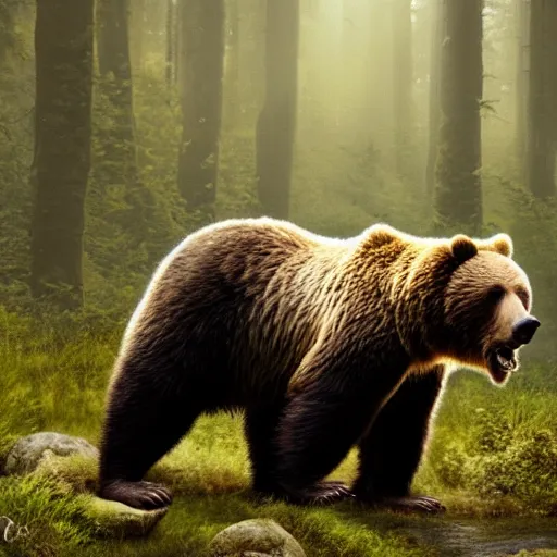 Image similar to a large grizzly bear monster running quickly through a woodland, magical forest, fantasy, Ireland, England, king Arthur, Lord of the rings, cinematic, realistic style, beautiful, majestic, dramatic lighting, early morning, dawn CGsociety, realistic, hyper maximalist, golden ratio, octane render, rule of thirds, wide shot , 8k resolution, epic volumetric light, cinematography, concept art, Artstation trending, environments, fantasy