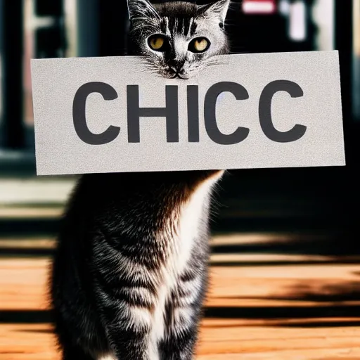 Prompt: realistic high quality photo of a cute dark grey cat and light grey cat holding a sign with text that reads : c h a d,