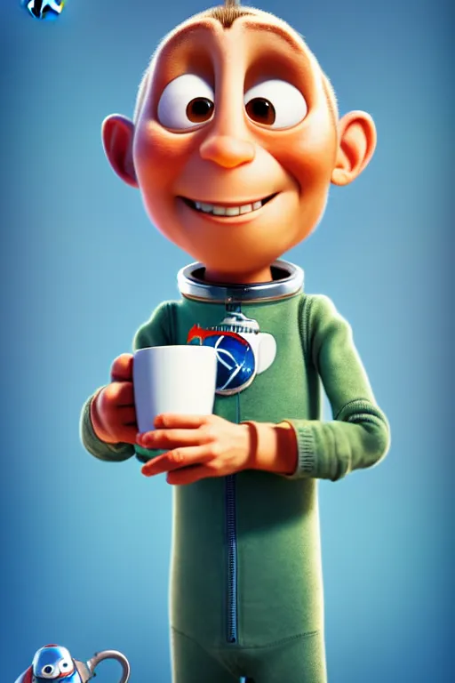 Image similar to portrait of a astronaut holding a cup of coffee with the space in background, full body. pixar disney 4 k 3 d render funny animation movie oscar winning trending on artstation and behance, ratatouille style