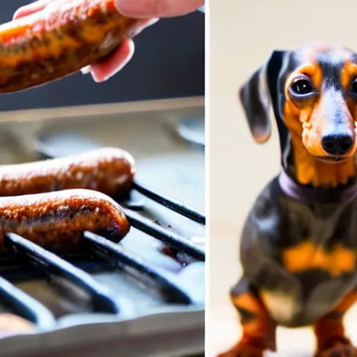 Image similar to dachshund cooking some sausages on a pan