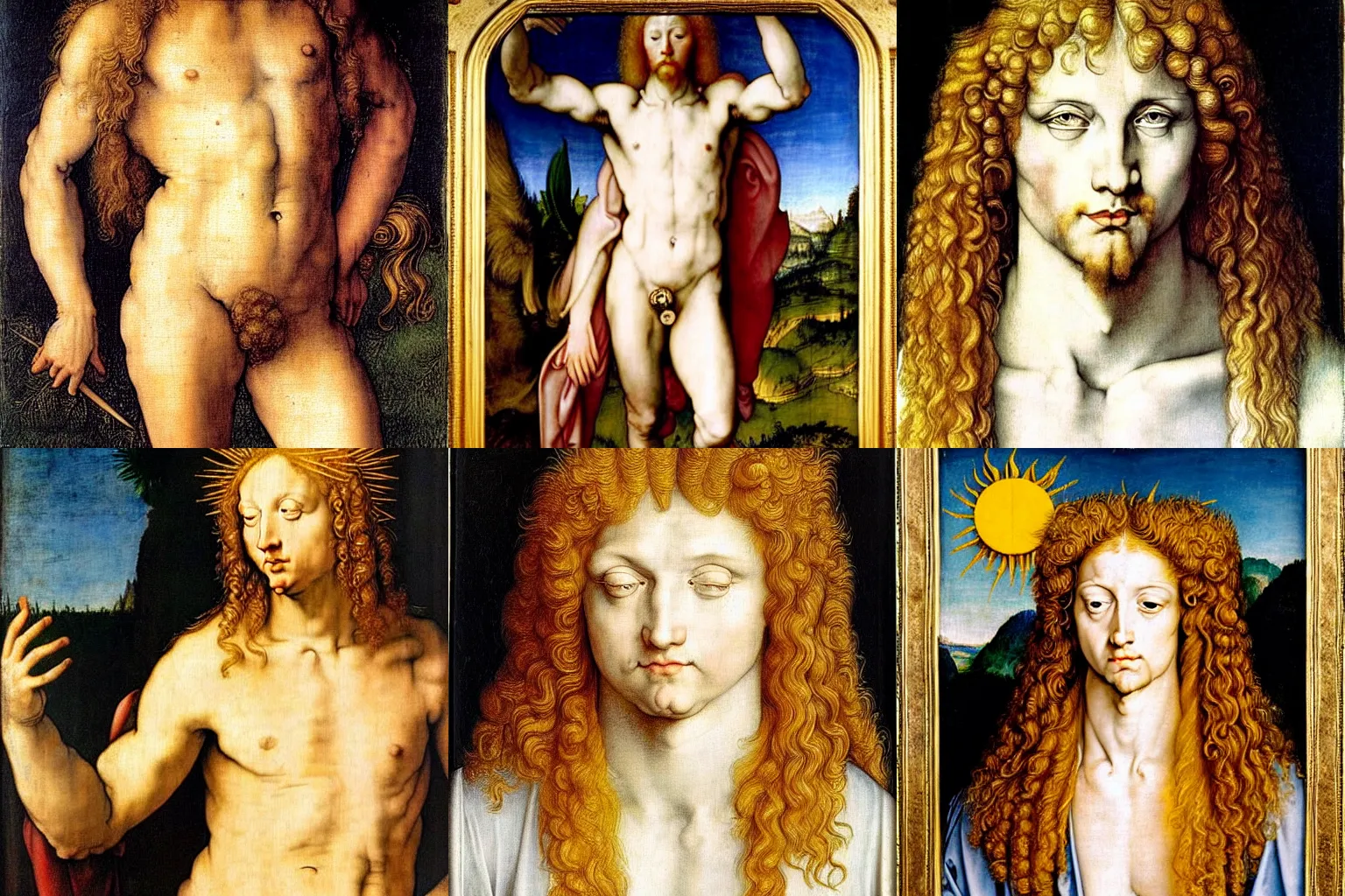 Prompt: the beautiful androgynous young blond male sun god apollo, very very long fluffy curly blond hair, pale white skin, 1 5 0 4, albrecht durer and leonardo da vinci and peter paul rubens. oil painting