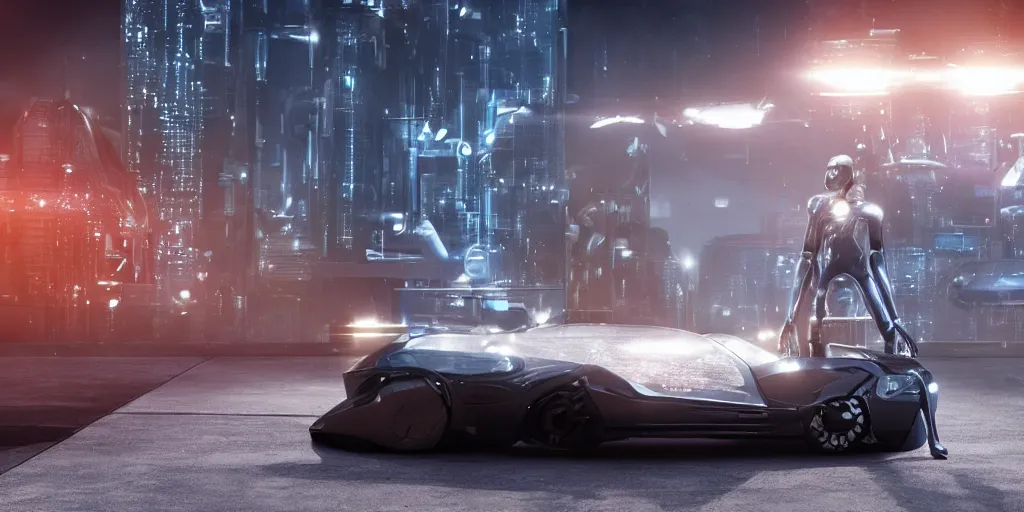 Image similar to low - angle medium shot of a space alien from the future on the first day of driver's ed learns to parallel park. 8 k, 4 k, hq, 3 d render, digital art, dramatic lighting, comedy, science fiction, hyper realistic, ultra detailed. style of fifth element ( film )