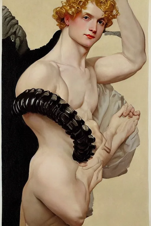 Image similar to Painting of lucius as an indolent consort, long blond drill curls, delicate androgynous prince, pale white porcelain skin, cool tones, by Leyendecker and Norman Rockwell