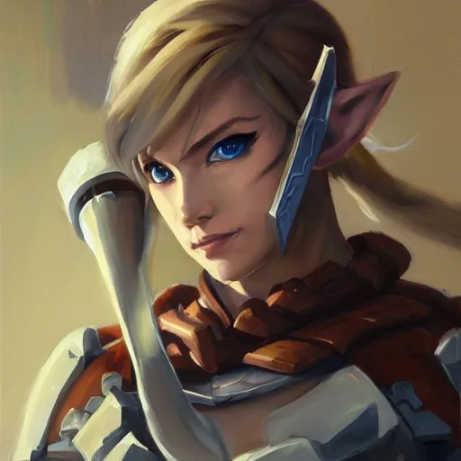 Image similar to greg manchess portrait painting of partially armored female link from legend of zelda as overwatch character, medium shot, asymmetrical, profile picture, organic painting, sunny day, matte painting, bold shapes, hard edges, street art, trending on artstation, by huang guangjian and gil elvgren and sachin teng