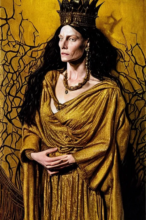 Image similar to Portrait of historically accurate, ancient biblical, sultry, sneering, evil, pagan, wicked, queen jezebel, wearing gilded robes, long hair, intricate, elegant, highly detailed, masterpiece, illustration, art by Andrew Wyeth, highly detailed, trending on artstation, award winning