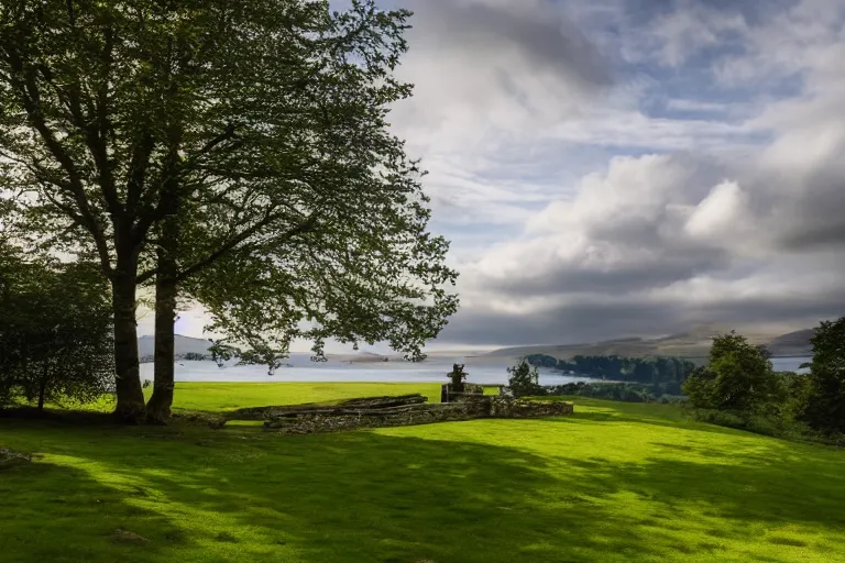 Prompt: landscape photography, minimalist glass house in lake district, summer, sunny, clouds, beautiful, 4 k, hd, award winning, professional