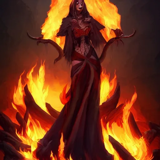 Image similar to witch stands on a fire burning pyre of bones, surrounded by flames, artstation