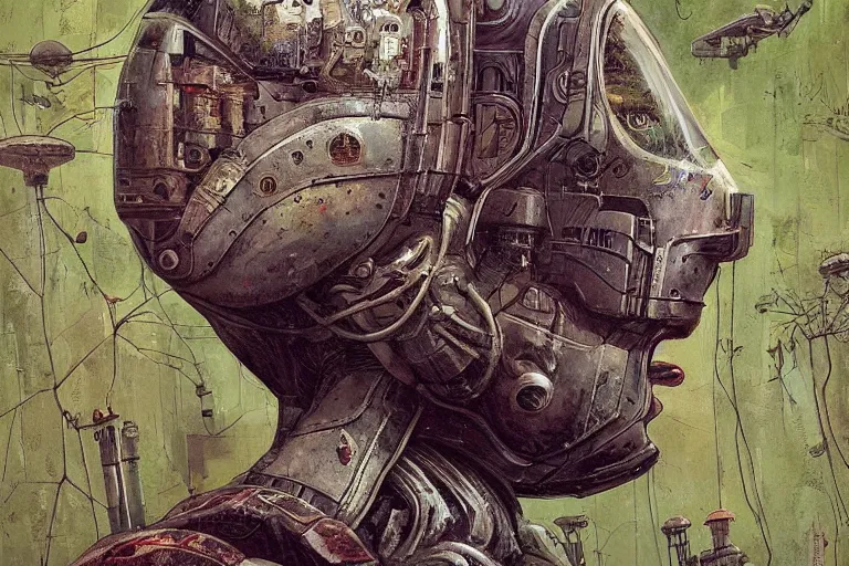 Image similar to gigantic robot - girl head floating in the space, a lot of exotic plants, trees, flowers, oldschool vintage sci - fi flat surreal grainy design, super - detailed, painting by enki bilal, hd, 4 k, high quality