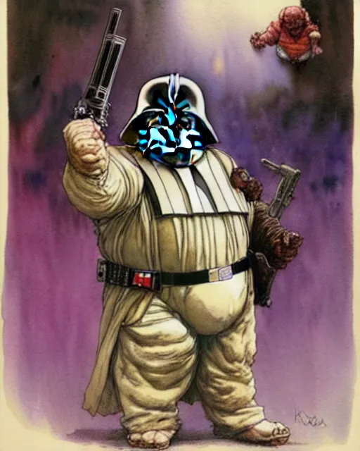 Image similar to a realistic and atmospheric watercolour fantasy character concept art portrait of a fat, chibi darth vader with pink eyes wearing a wife beater and holding a gun. by rebecca guay, michael kaluta, charles vess and jean moebius giraud