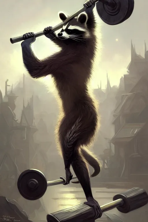 Image similar to anthro raccoon lifting weights, dim dingy gym, dynamic pose, fantasy, intricate, elegant, highly detailed, digital painting, artstation, concept art, matte, sharp focus, illustration, art by artgerm and greg rutkowski and alphonse mucha