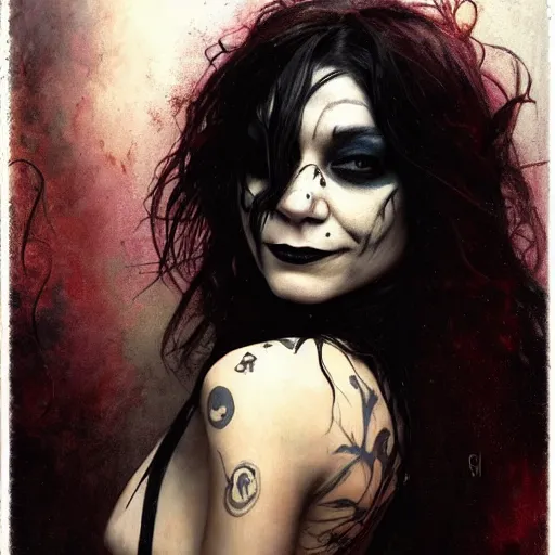 Image similar to beautiful portrait of vanessa hudgens as death from sandman, smiling, by cedric peyravernay, alphonse mucha, by jeremy mann, by lecouffe deharme, goth chic, soft lightning, eyeliner, punk rock, high detailed, 8 k